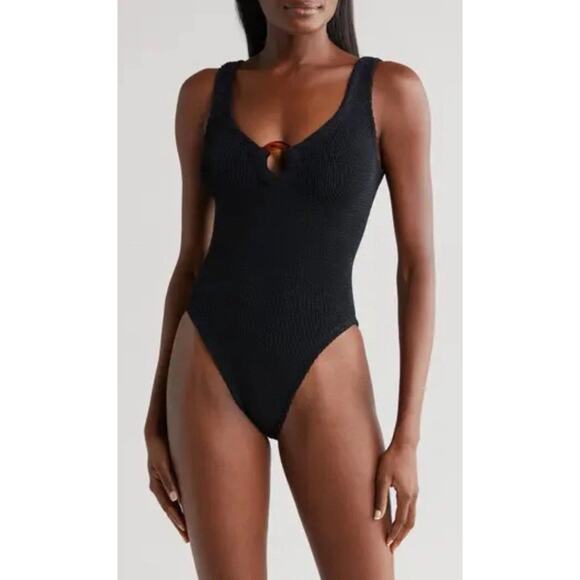Hunza G Celine Seersucker One-Piece Swimsuit Black One Size NEW $255